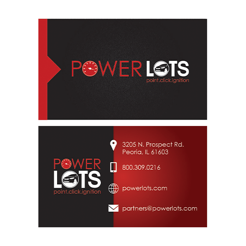 Graphic design work of a business card for a business called PowerLots. This design was inspired by sorts cars with their slick design and powerful color.