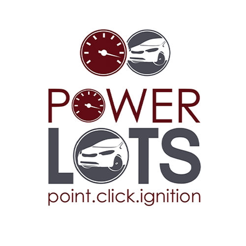 Graphic design work of a logo for a used car business called PowerLots. The two color logo is dark red and a medium gray.