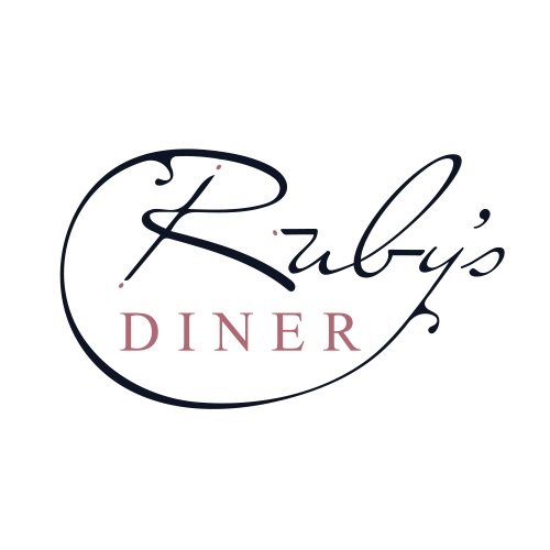 Pictured is a logo for Ruby's Diner. Ruby's is in dark blue with a soft pink for accents around the R and U. The word diner is also in the same soft pink.