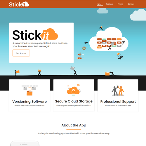 A website screenshot for a business that works with cloud technology called Stick It. The main colors of the website are orange, black and sky blue.