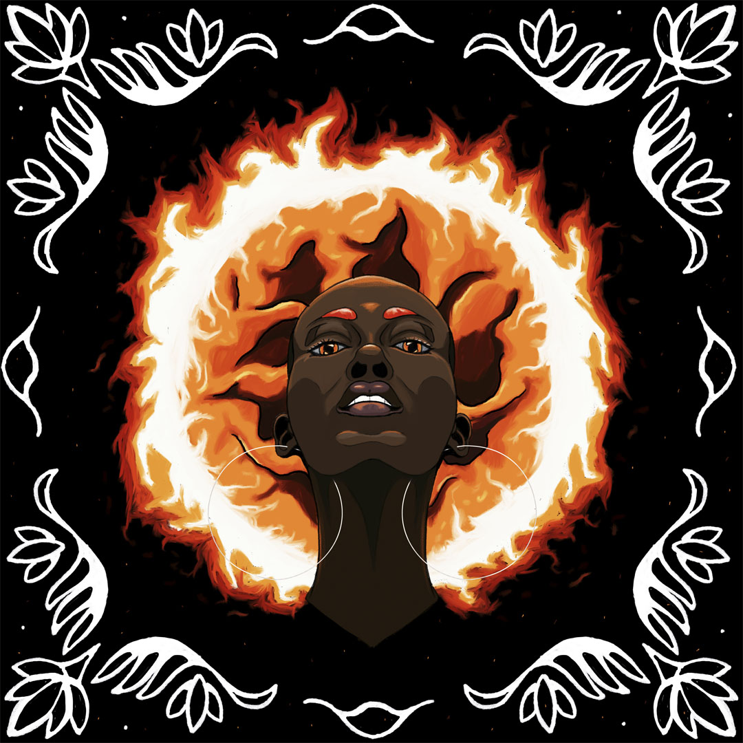 Champion of the sun. An African American woman with large silver earrings and hair that resembles the sun. There is a decorative pattern that outlines the board of the digital drawing.