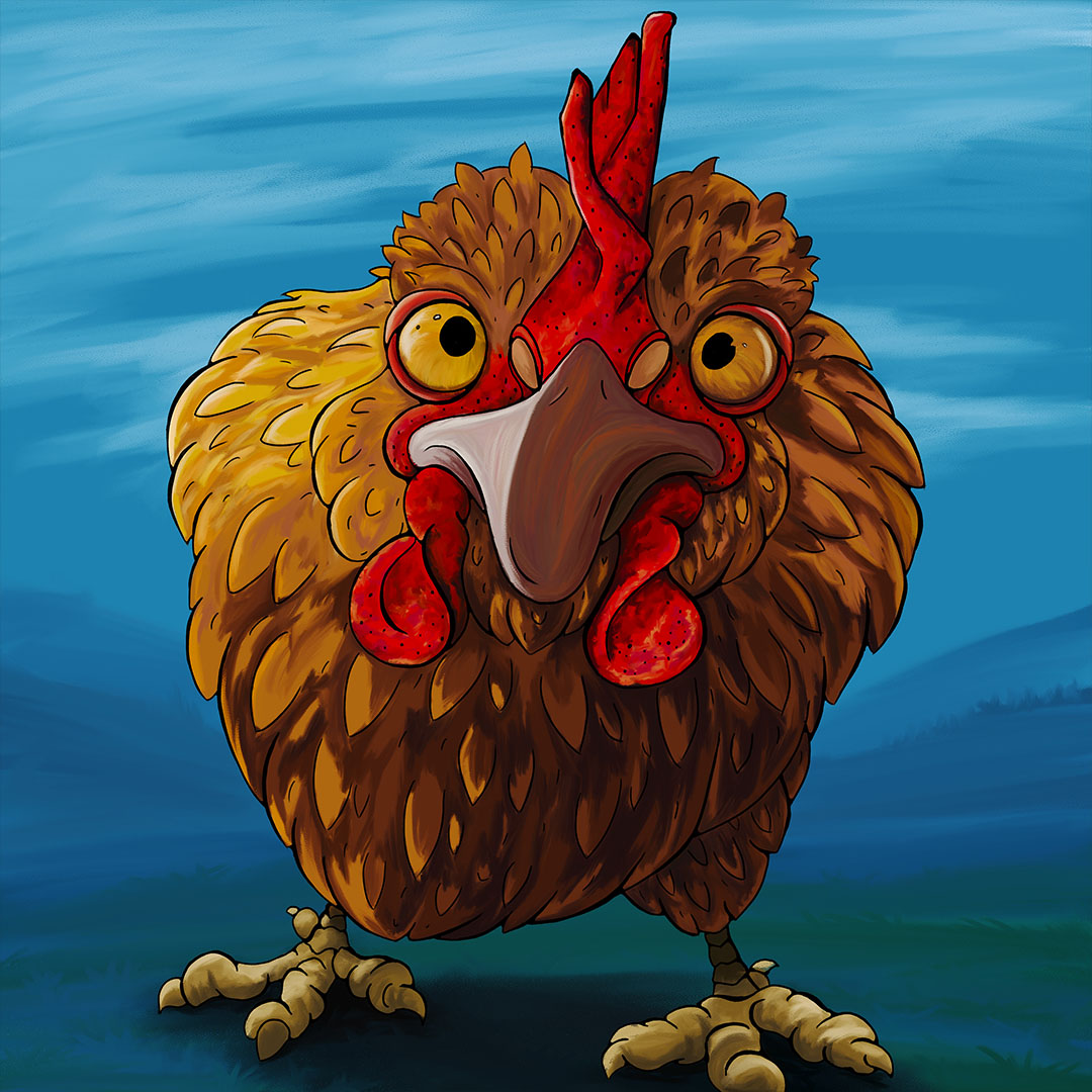 He's watching you. A digital drawing of a brown and orange colored chicken looking right at you.