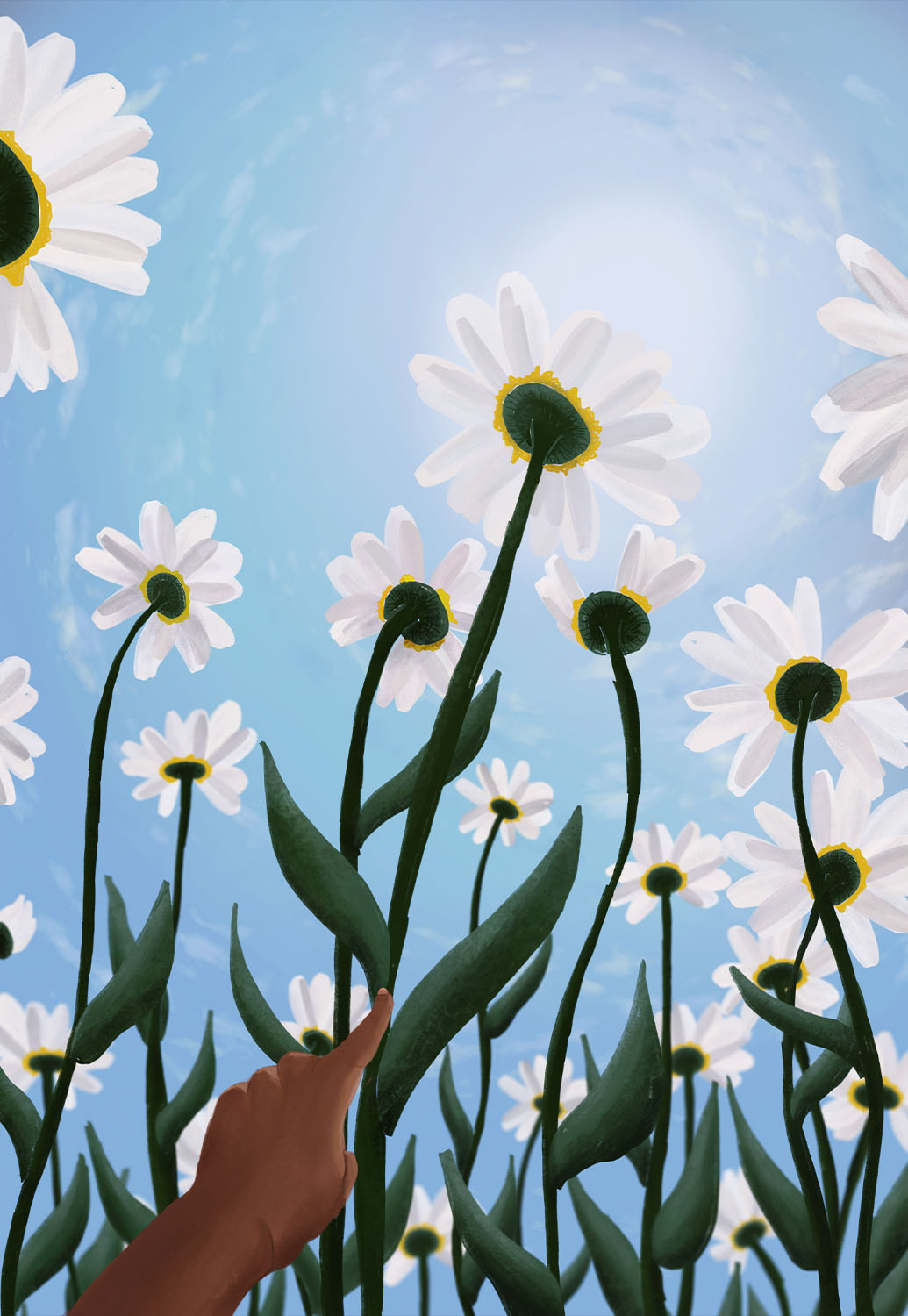 A field of impossibly tall daisies sets the scene. You see a hand point up at one of the daisies. It seems the person has chosen the one they want. The digital painting is a little more whimsical and loose in style.