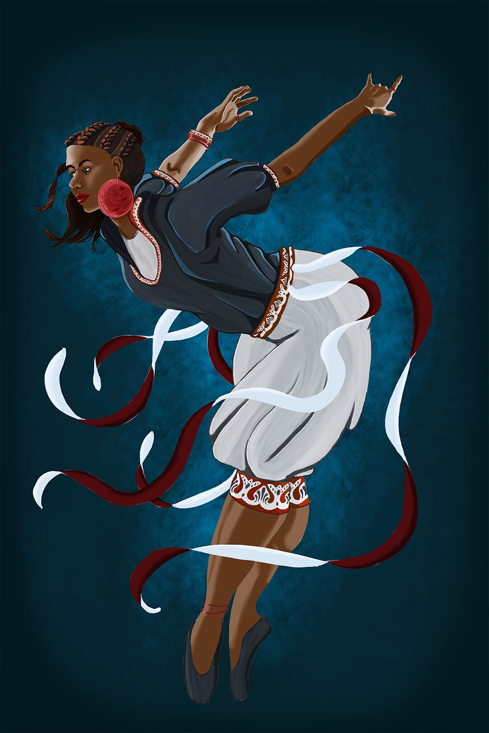 There is an African American dancer with braided hair and big red earrings. Her clothes are white, navy blue, and dark wine red. Ribbons are fluttering around her and attached to her pants. The hem of her blouse, pants, and sleeves display an intricate pattern.