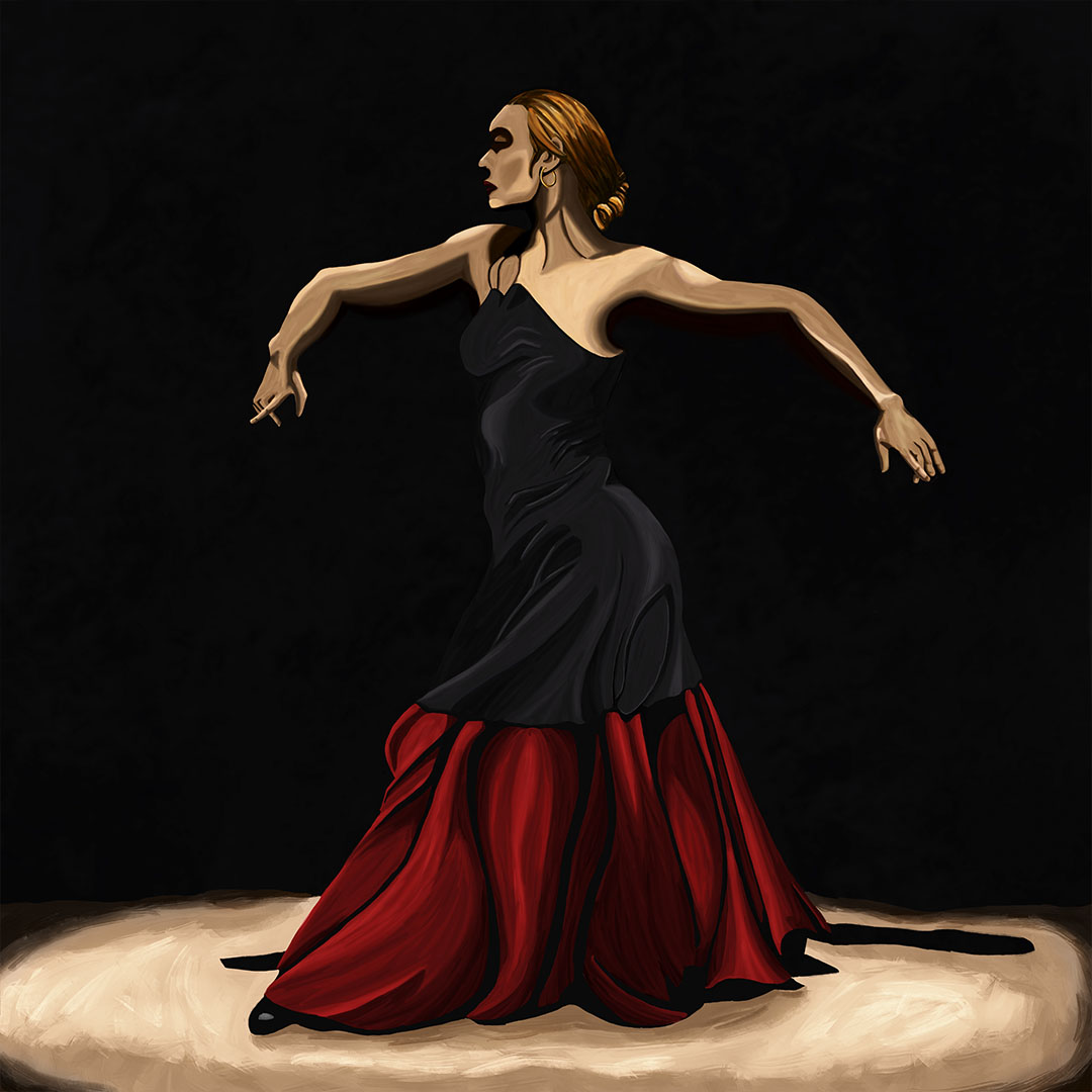 A flamenco dancer. Also known as a Bailaora, in the middle of her dance pose. She is wearing a black and red dress. The background of the drawing is black.