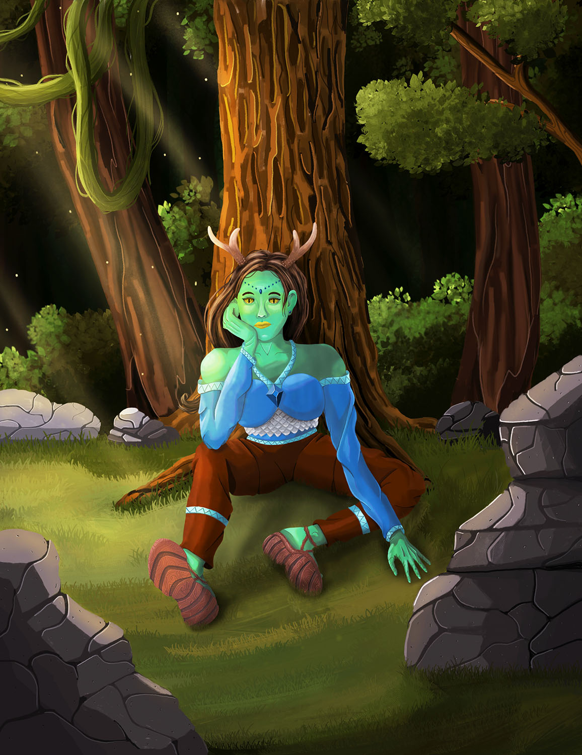 A Dungeons and dragons inspired character. This woman is a forest half-elf with deer antlers. She sits on the ground at the base of a tree in the middle of a forest. Perhaps she is waiting for someone. She has green skin, golden eyes, and brown hair.