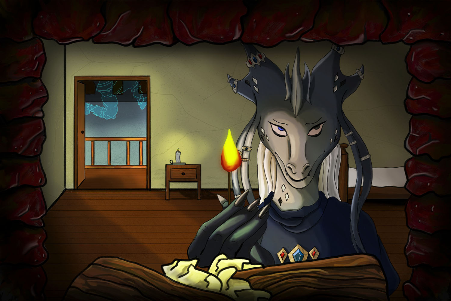 A digitally painted scene of a female dragon born lighting a fireplace. She rolls her eyes when she hears a noise. Meanwhile, you see a male half-orc barbarian, invisible, in the background. He is trying to get up to the attic in the Inn. He is making the noise. The female halfling bard that cast the invisibility spell is already up, waiting for him.