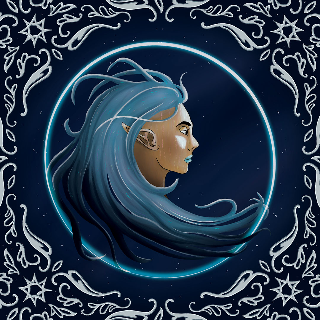 The profile view of an elf woman with blue hair. There is a halo of blue around her and an interesting pattern around the edges.