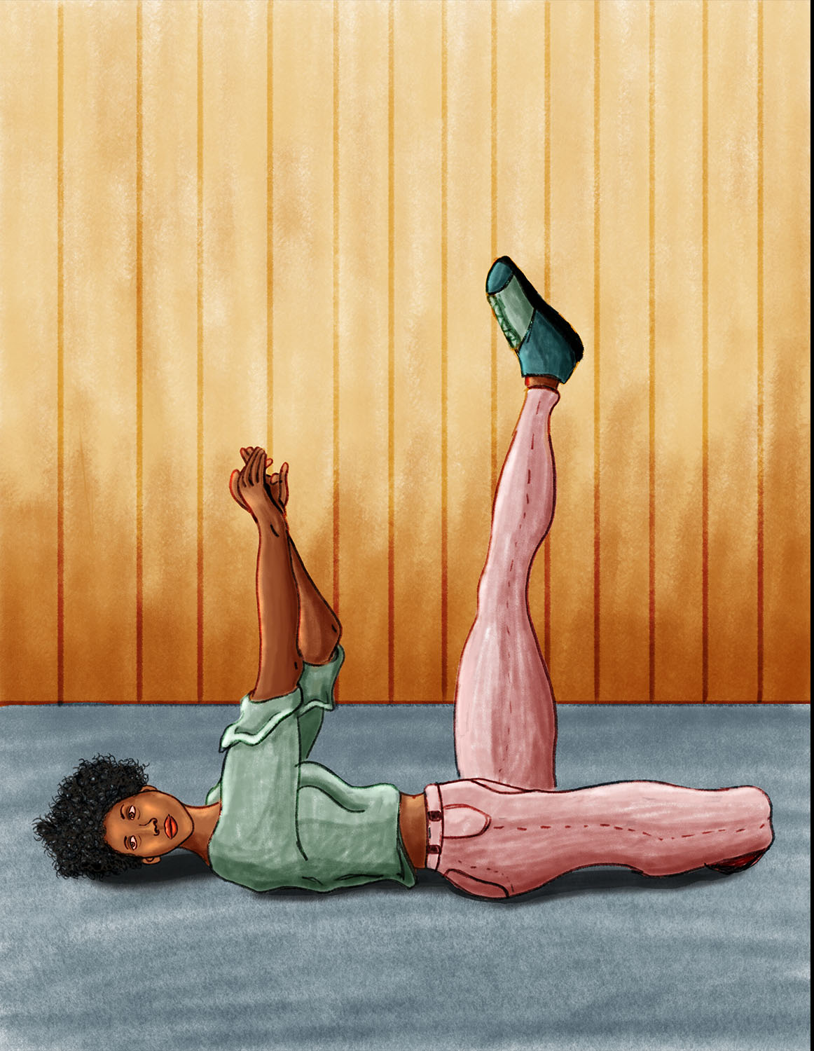 A woman laying on her back on the floor.