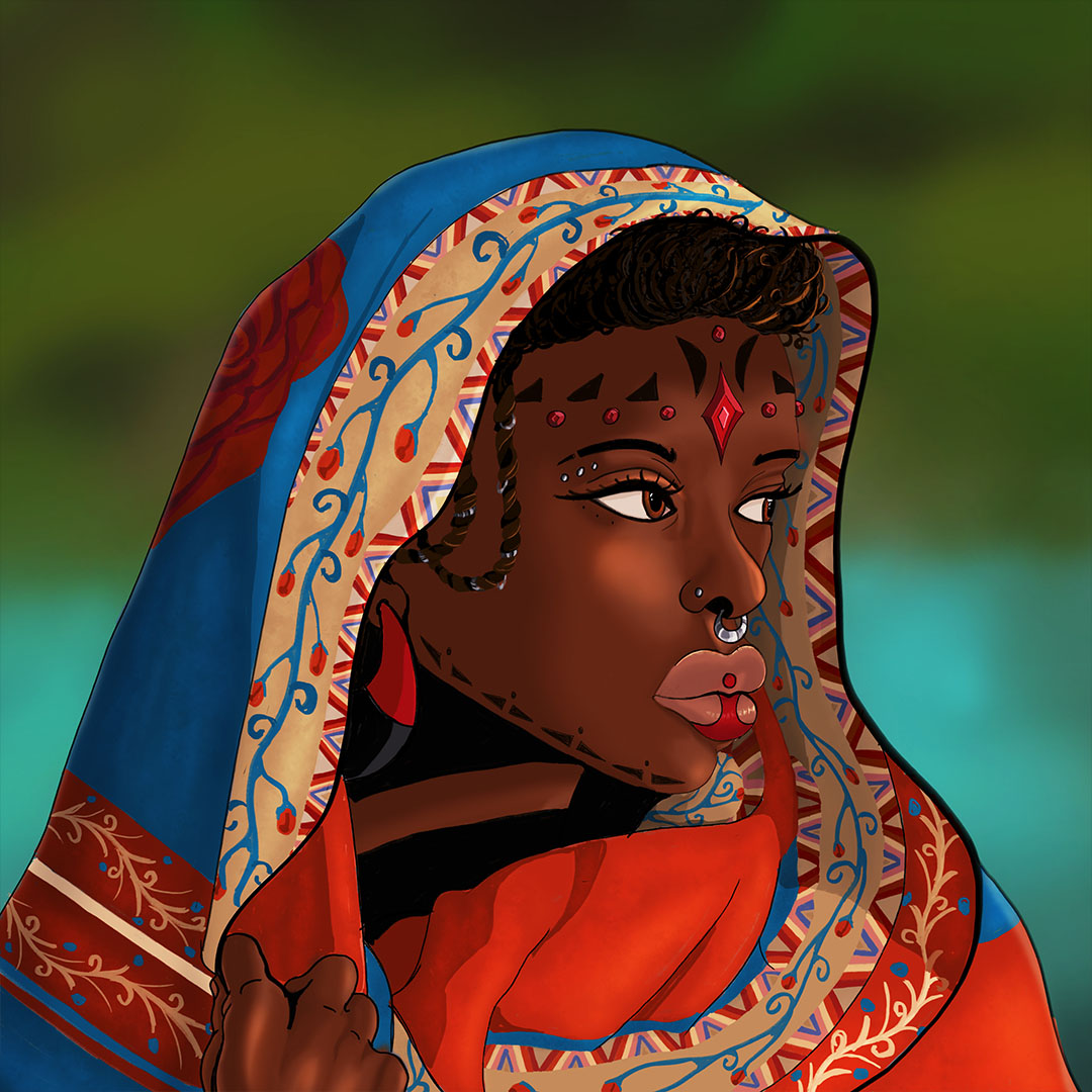 An African American woman with an ornate cloak wrapped around her.