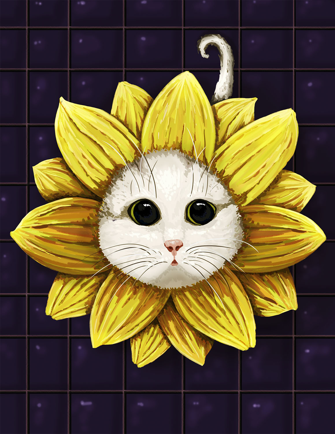 A cute little kitty is wearing a yellow flower costume. The perspective is of someone looking down at the kitty. You can only see the cat's head, the big yellow petals, and her little tale against the tile floor. The tile is dark blue.