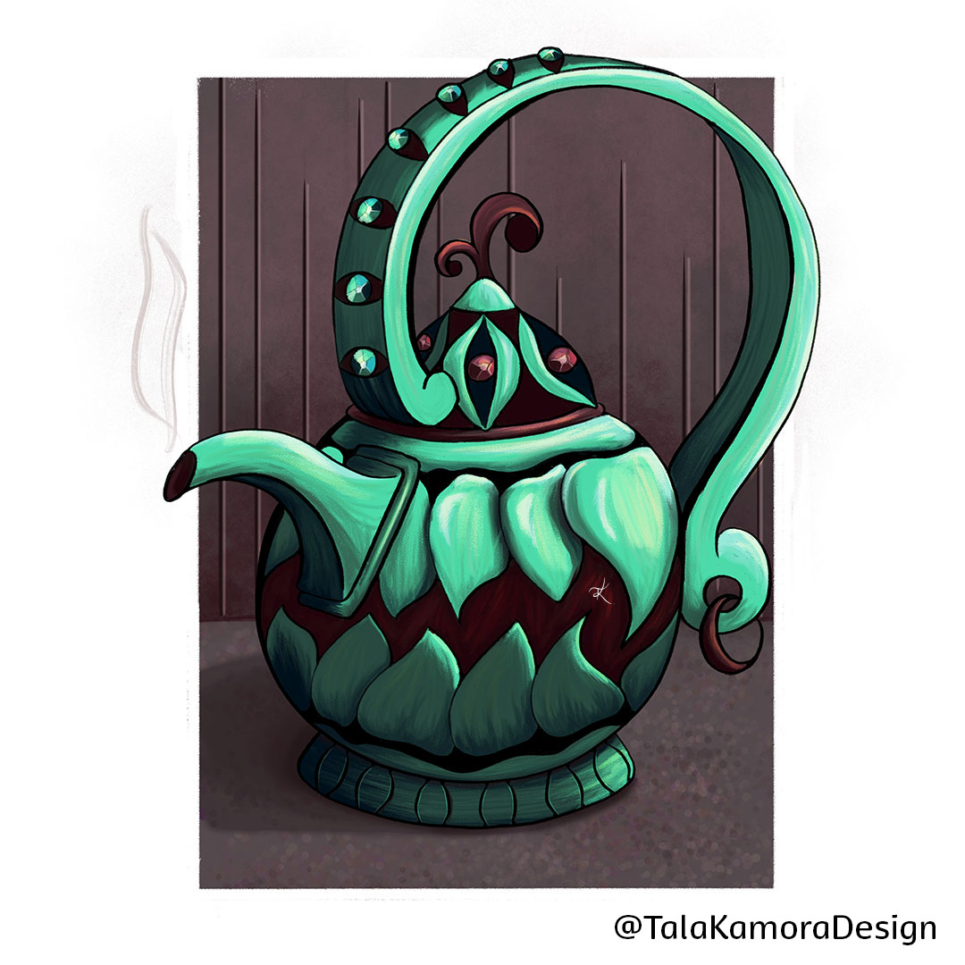 A teal and red teapot illustration.