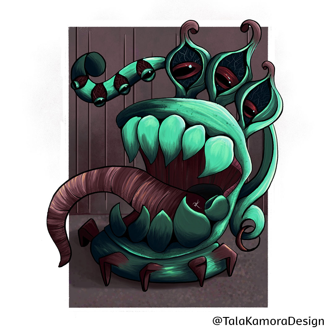 A teal and red teapot that turned into a mimic illustration.