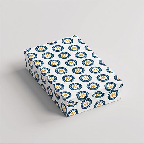 Box with a seamless pattern of the Minier Mail logo on it