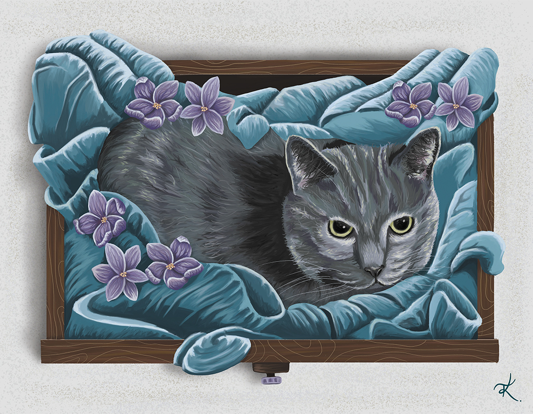 A gray cat sits in a wooden drawer with a blue blanket and purple flowers.