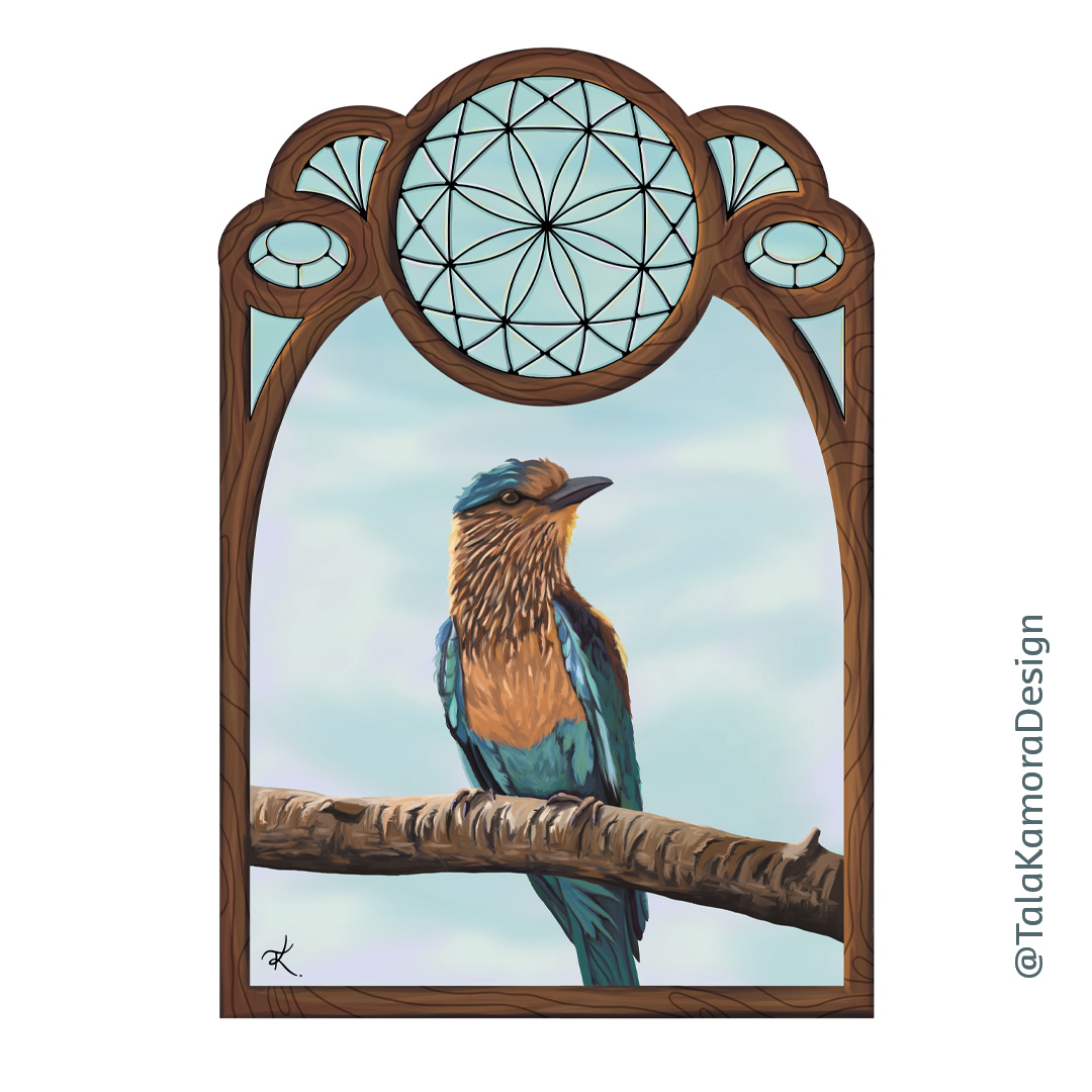 A digital painting of a blue and orange bird sitting on a branch in a window