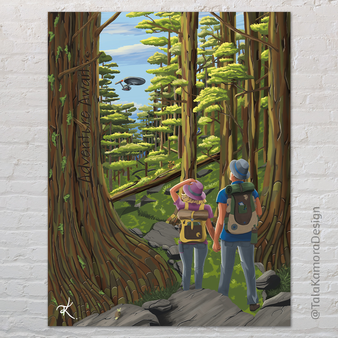 Digital painting of a couple on a trail in the woods heading towards the USS Enterprise.