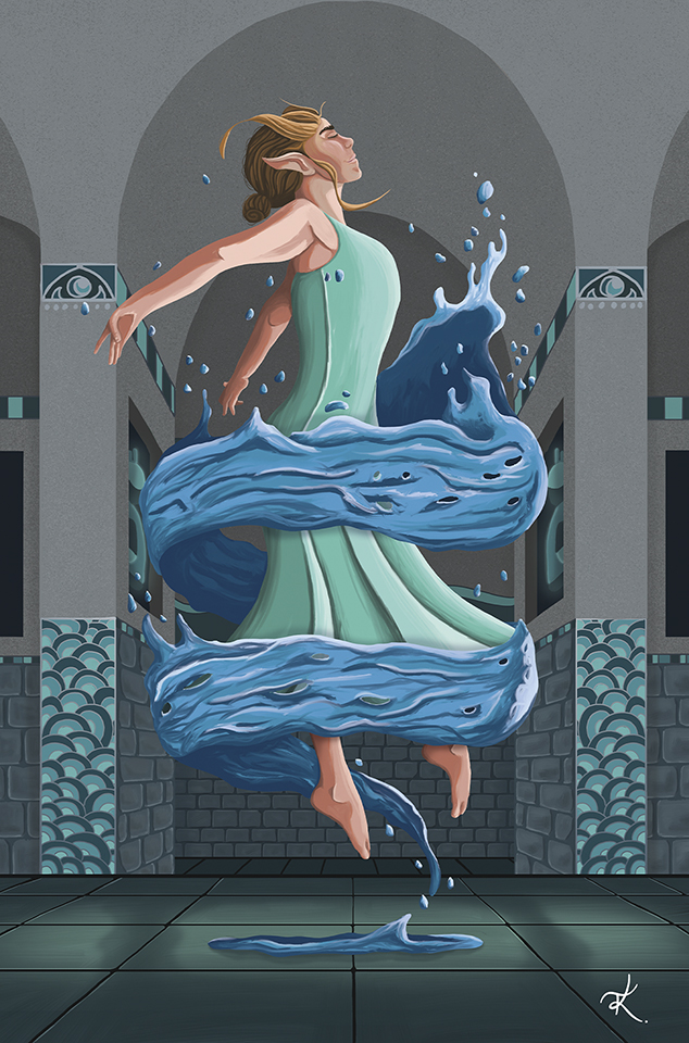 A digital painting of a woman in a teal dress in a dance pose with magic water floating around her.