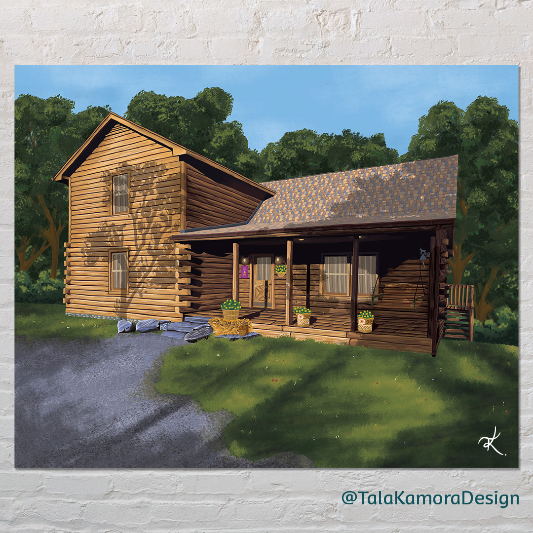 Digital artwork of a log cabin in the woods