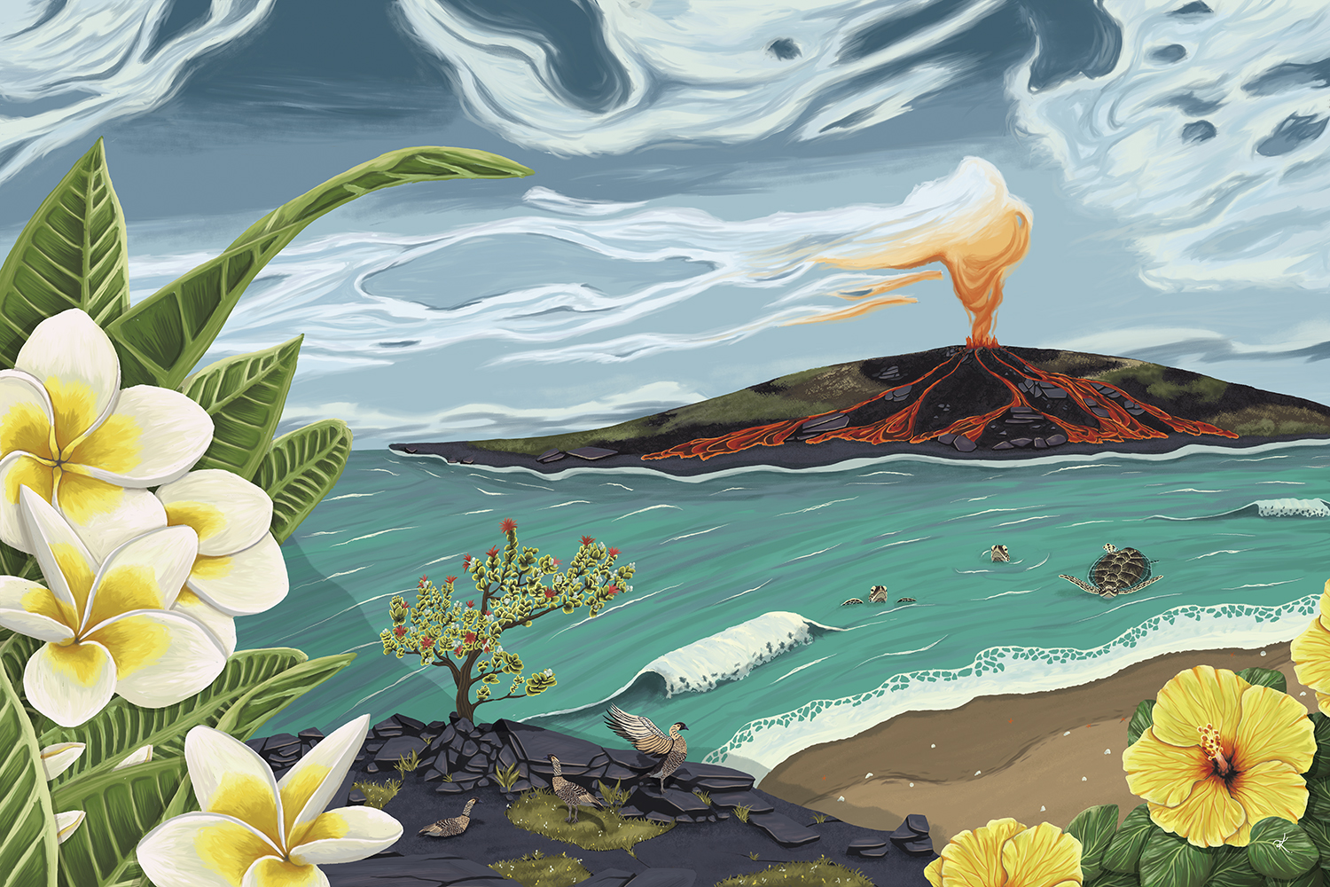 Digital art of a landscape that features a shield volcano, hibiscus flowers, plumeria flowers, Ohia Lehua, Honu, and Nene birds.