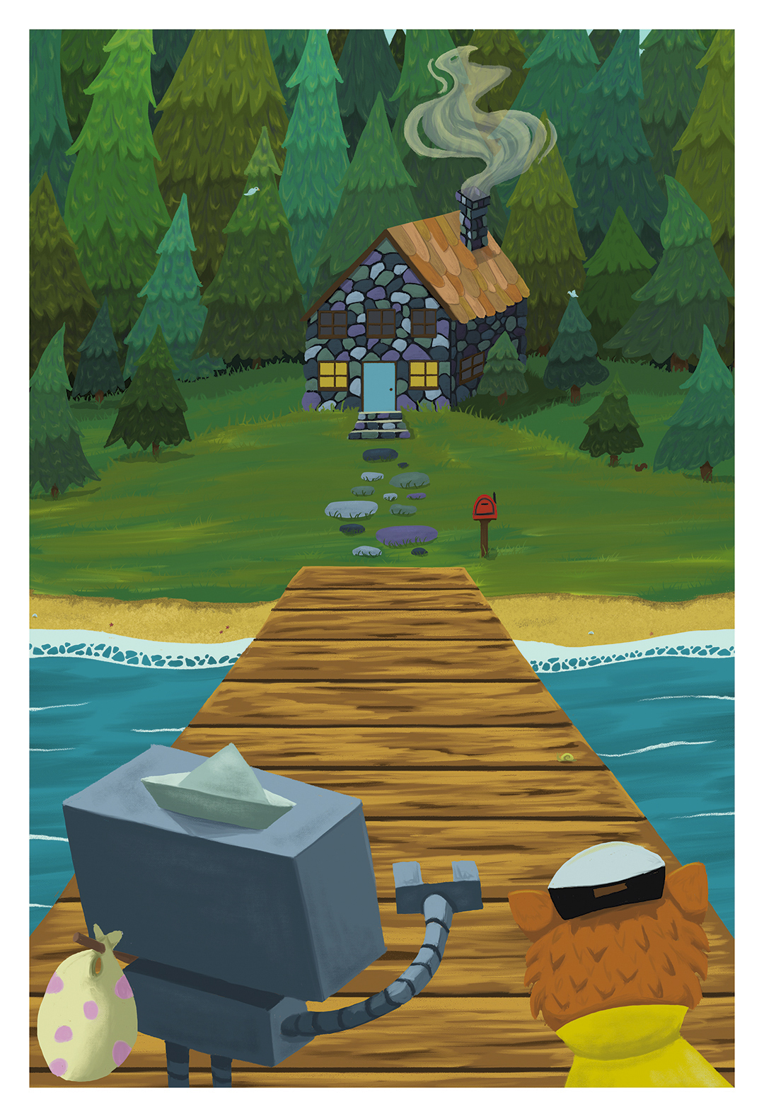 Custom commission of a robot with a cat looking at a cottage in a forest.