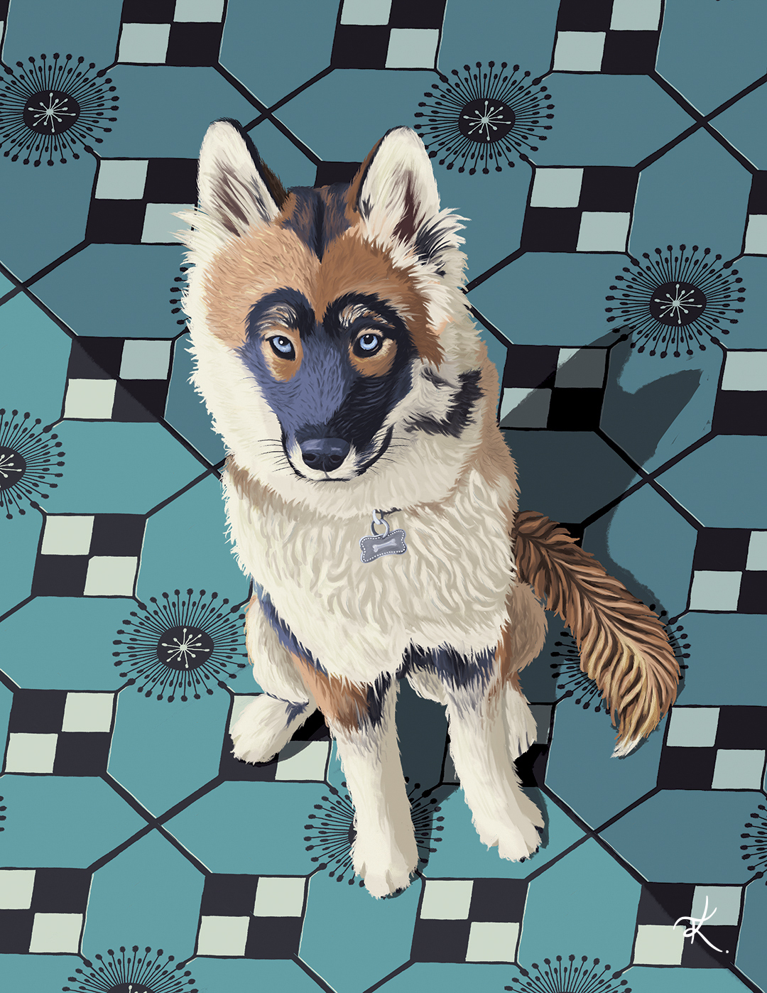 A digital illustration of an agouti pattern husky sitting on a blue tiled floor.