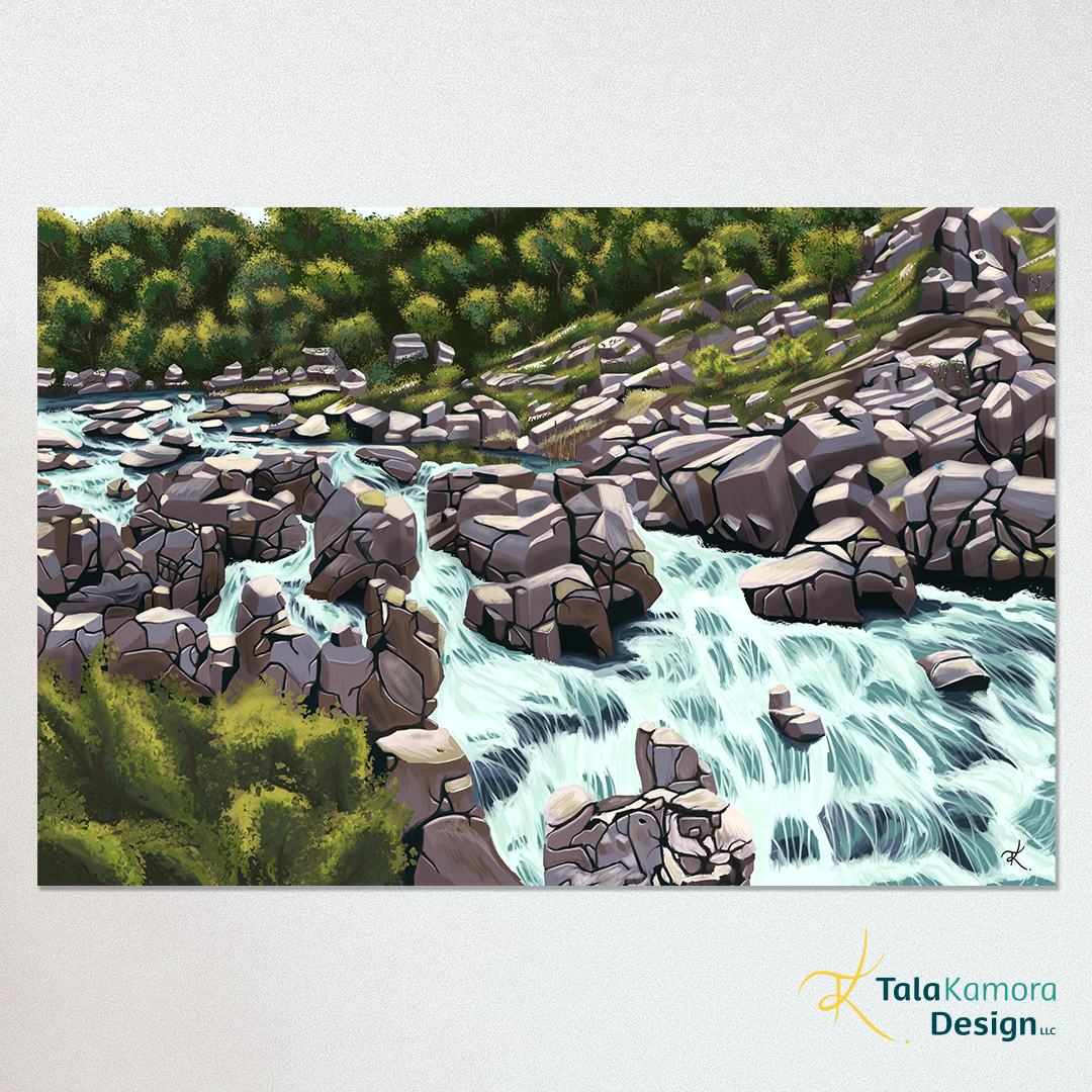 A digital painting of Johnson's Shut-Ins in Missouri. The artwork features a rocky river bed, with flowing water, and trees in the background.