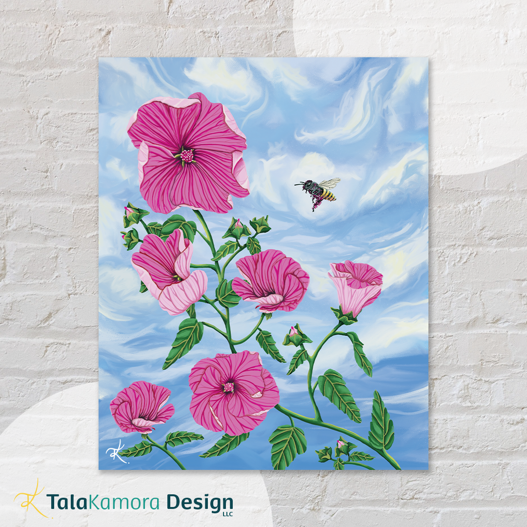 A digital illustration of a pink flower and a honey bee.